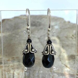 Sterling Silver 925 1.5" Checkerboard Faceted Black Glass Beaded Dangle Earrings
